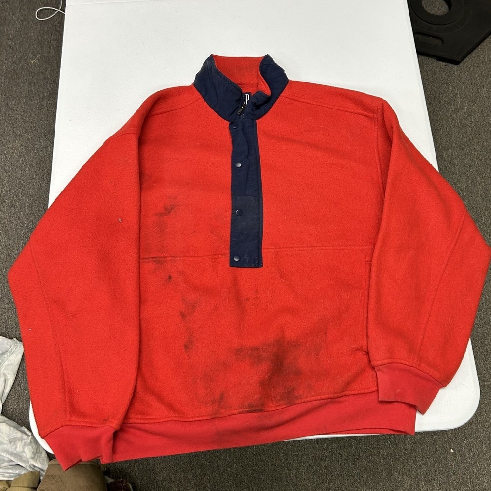 Gap Fleece Pullover Mens Large Red Navy Blue Snap Mock Neck Vintage Style A5